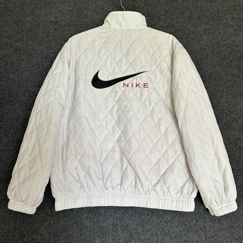 Vintage Nike White Diamond Bomber Jacket Women's Small Big Swoosh Red Blk White
